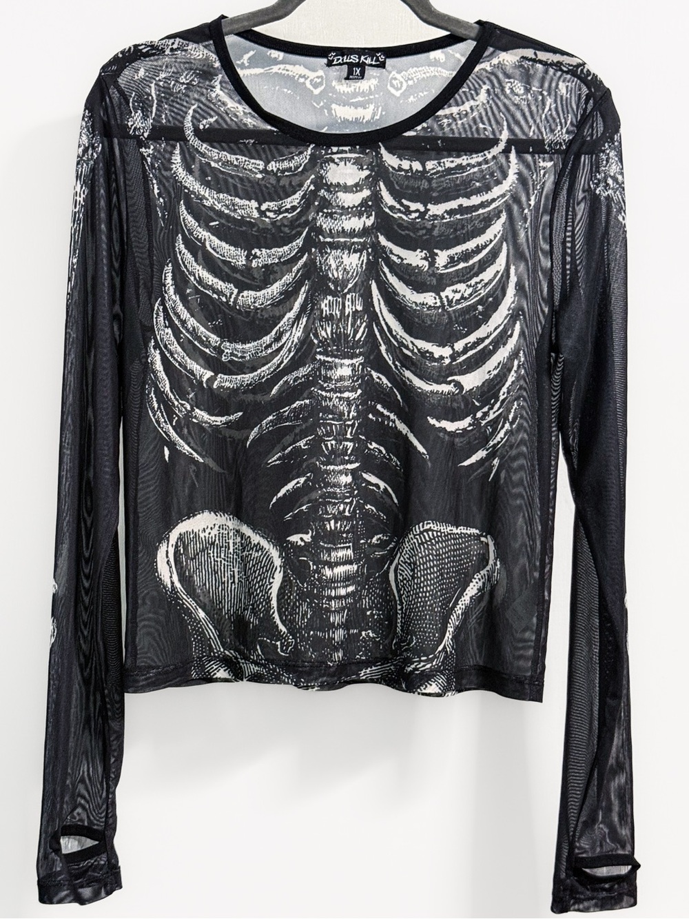 Dolls Kill Skeleton Mesh Long Sleeve Crop Top Black 1X
